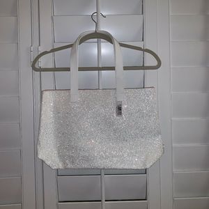 clinique white glitter tote bag. new with tag